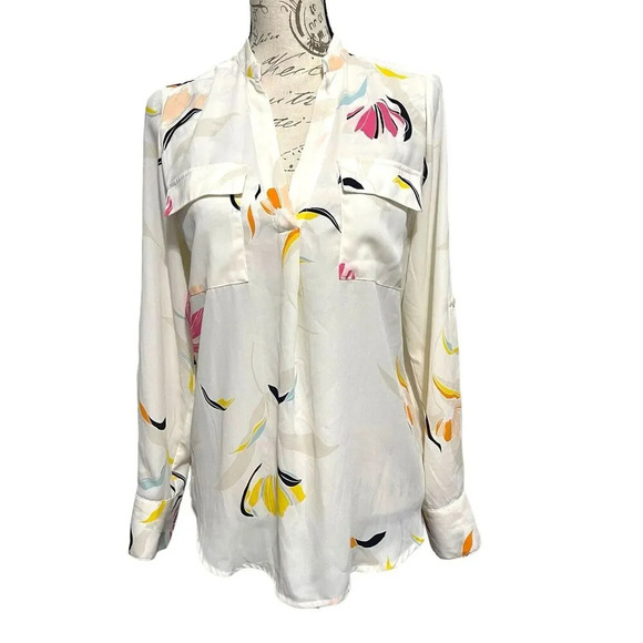 A New Day Floral Mixed Media Roll Sleeve Popover Top Size Small - Picture 1 of 6